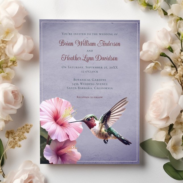 Hummingbird and Hibiscus Wedding | Purple Invitation (Purple Hummingbird and Hibiscus Wedding Invitation)