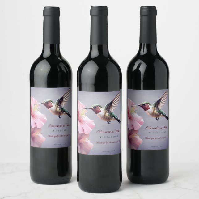 Hummingbird and Hibiscus Wedding | Purple Wine Label (Bottles)