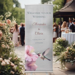 Hummingbird and Hibiscus Wedding Welcome   Grey Retractable Banner