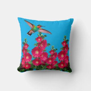 Hummingbird and Holly Hocks Throw Pillow