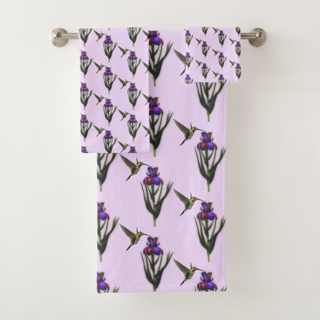 Hummingbird And Iris Flower Pattern Bath Towel Set (Insitu)