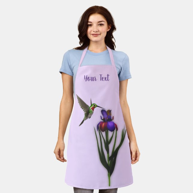 Hummingbird And Iris Flower Personalised Apron (Worn)