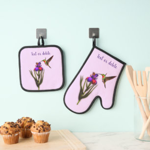 Hummingbird And Iris Flower Personalised Oven Mitt & Pot Holder Set