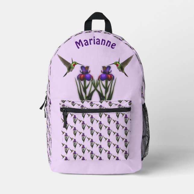 Hummingbird And Iris Flower Personalised Printed Backpack (Front)
