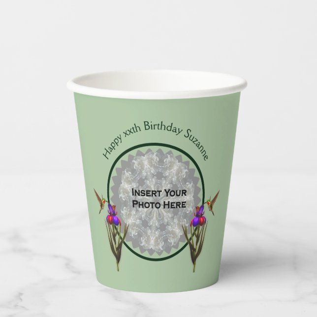Hummingbird And Iris Personalised Photo Birthday Paper Cups (Front)