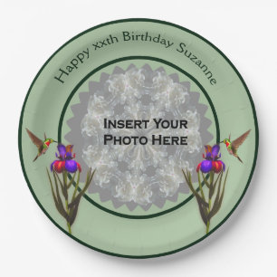 Hummingbird And Iris Personalized Photo Birthday Paper Plate
