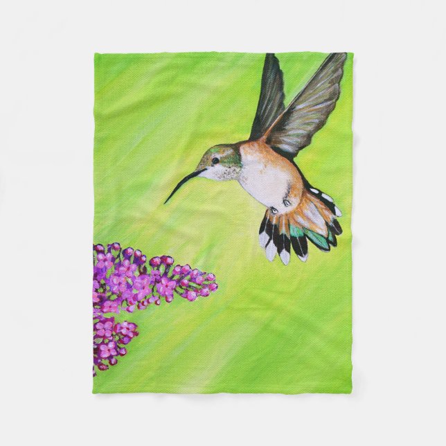 Hummingbird and Lilac Painting Fleece Blanket (Front)