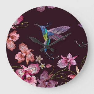 Hummingbird and orchid, tropical seamless fashion. large clock