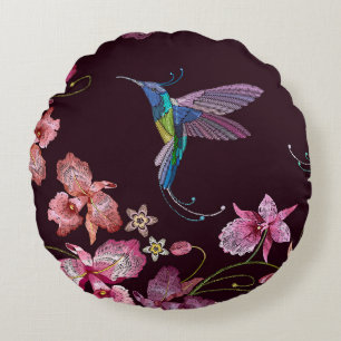 Hummingbird and orchid, tropical seamless fashion. round cushion