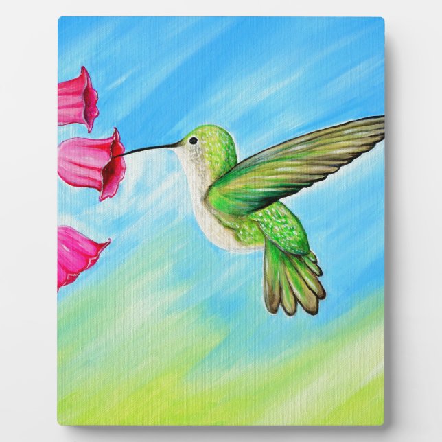 Hummingbird and Pink Bell Flowers Painting Plaque (Front)
