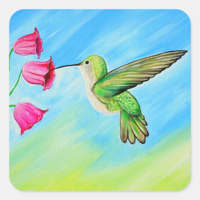 Hummingbird and Pink Bell Flowers Painting Square Sticker (Front)