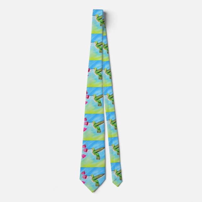 Hummingbird and Pink Bell Flowers Painting Tie (Front)