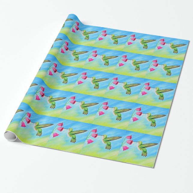 Hummingbird and Pink Bell Flowers Painting Wrapping Paper (Unrolled)