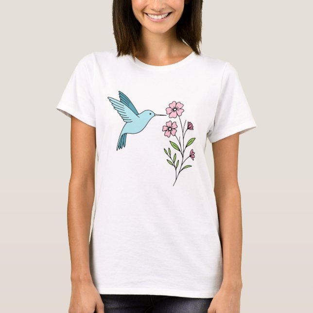 Hummingbird and Pink Floral Illustration T-Shirt (Front)