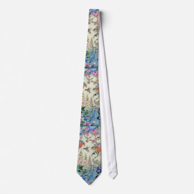HUMMINGBIRD and Pink Flowers Necktie (Front)