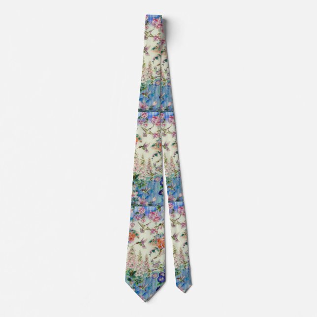 HUMMINGBIRD and Pink Flowers Necktie (Front)