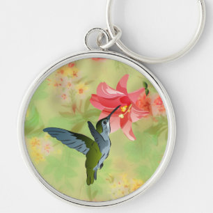 Hummingbird and Pink Lily on Floral Pattern Key Ring