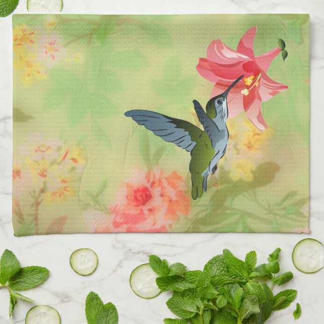 Hummingbird and Pink Lily on Floral Pattern Tea Towel (Folded)