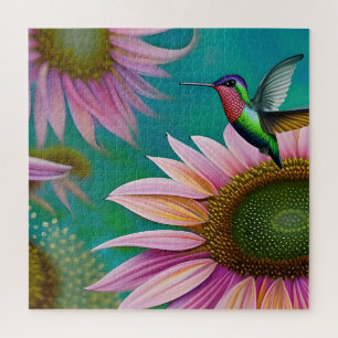 Hummingbird and Pink Sunflower Jigsaw Puzzle