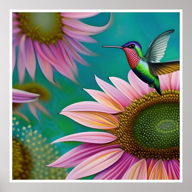 Hummingbird and Pink Sunflower Poster (Front)