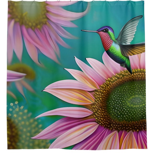 Hummingbird and Pink Sunflower Shower Curtain (Front)