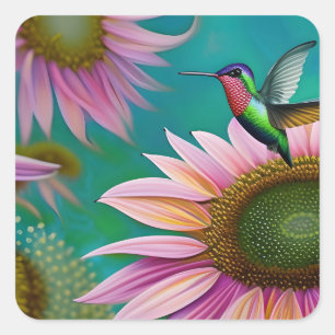 Hummingbird and Pink Sunflower Square Sticker