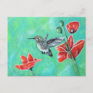 Hummingbird and Poppies Painting Postcard
