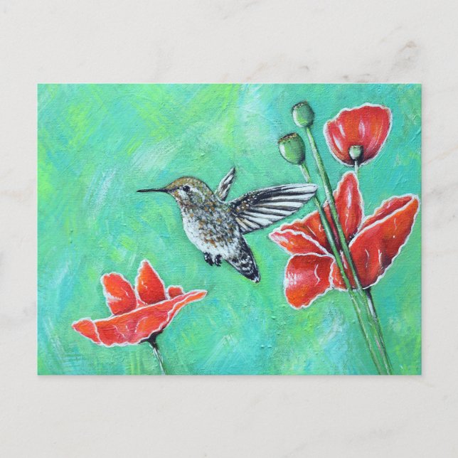 Hummingbird and Poppies Painting Postcard (Front)