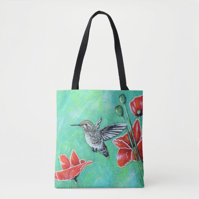 Hummingbird and Poppies Painting Tote Bag (Front)