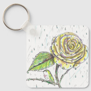 Hummingbird and Rose in the Rain Drawing Keychain