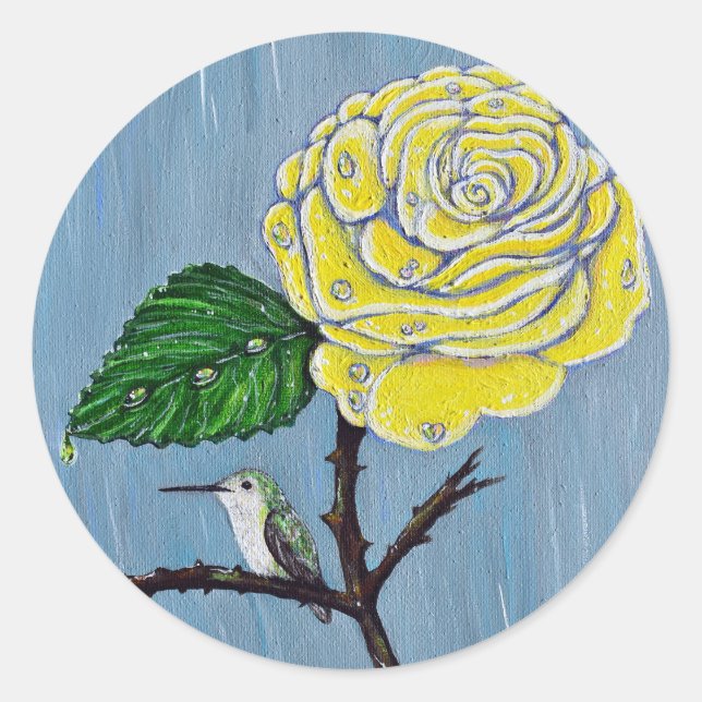 Hummingbird and Rose in the Rain Painting Classic Round Sticker (Front)