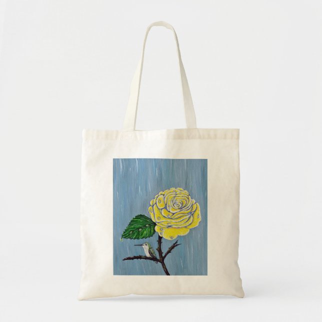 Hummingbird and Rose in the Rain Painting Tote Bag (Front)