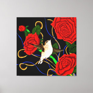 Hummingbird and Roses Canvas Print