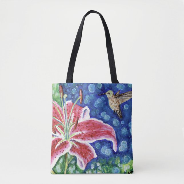 Hummingbird and Stargazer Lily Painting Tote Bag (Front)