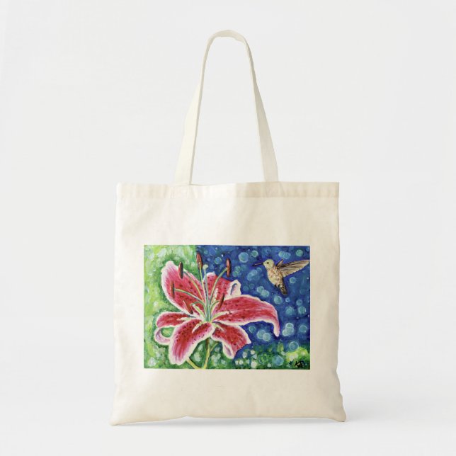 Hummingbird and Stargazer Lily Painting Tote Bag (Front)
