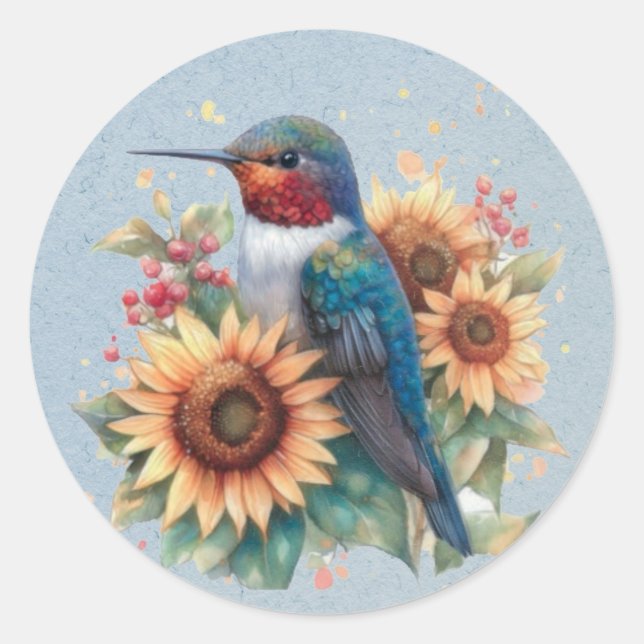 Hummingbird and Sunflower Blue Baby Shower Classic Round Sticker (Front)
