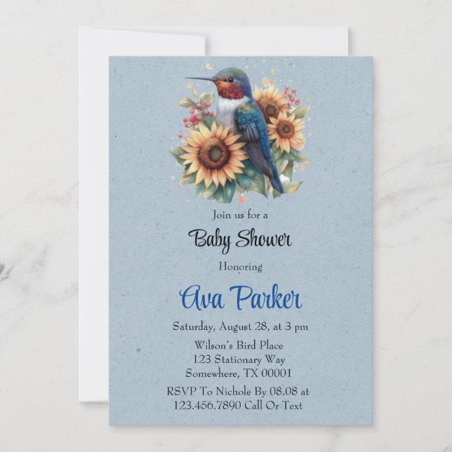 Hummingbird and Sunflower Blue Baby Shower Invitation (Front)