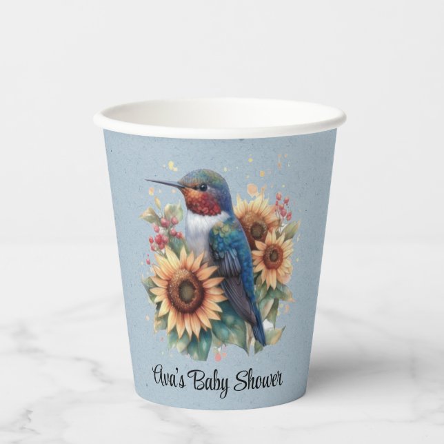 Hummingbird and Sunflower Blue Baby Shower Paper Cups (Front)