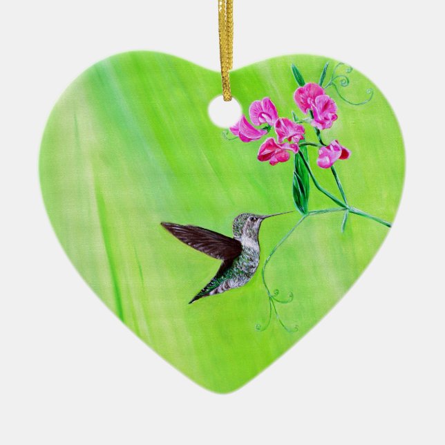Hummingbird and Sweet Peas Painting Ceramic Tree Decoration (Front)