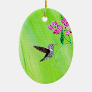 Hummingbird and Sweet Peas Painting Ceramic Tree Decoration