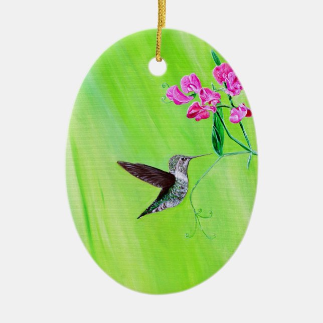 Hummingbird and Sweet Peas Painting Ceramic Tree Decoration (Front)