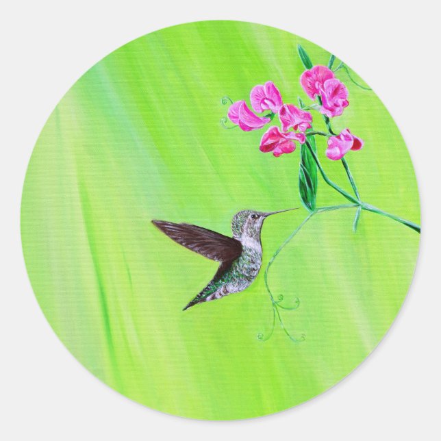 Hummingbird and Sweet Peas Painting Classic Round Sticker (Front)