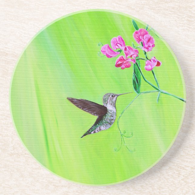 Hummingbird and Sweet Peas Painting Coaster (Front)