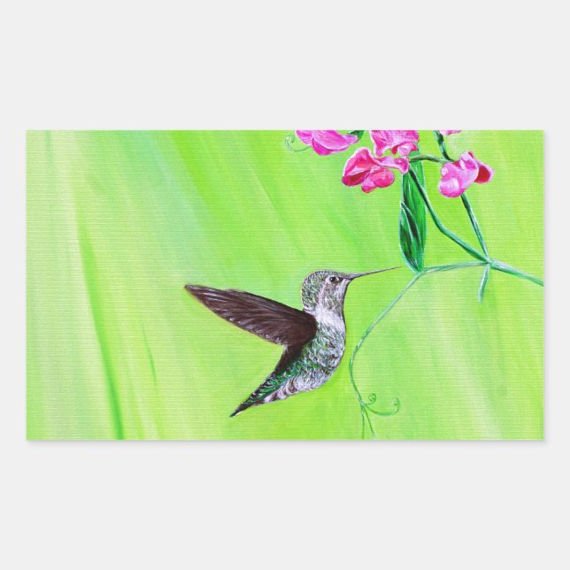 Hummingbird and Sweet Peas Painting Rectangular Sticker (Front)