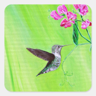 Hummingbird and Sweet Peas Painting Square Sticker