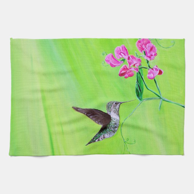 Hummingbird and Sweet Peas Painting Tea Towel (Horizontal)