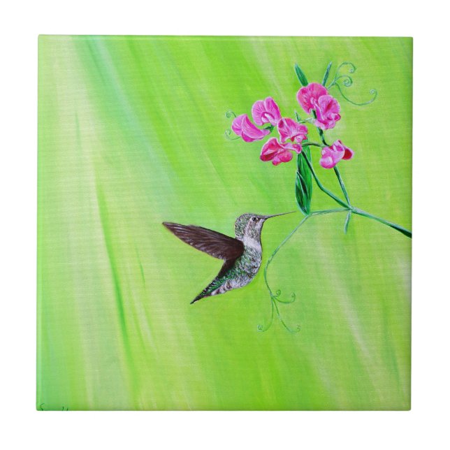 Hummingbird and Sweet Peas Painting Tile (Front)