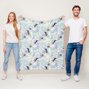 Hummingbird and white flowers fleece blanket
