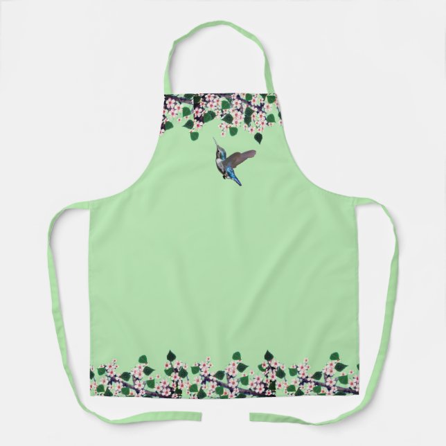 Hummingbird and white flowers on lime green apron (Front)
