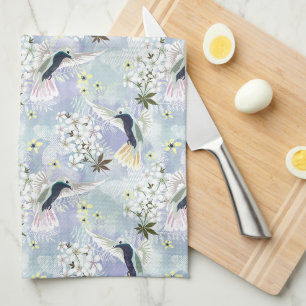 Hummingbird and white flowers tea towel